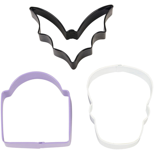 Bat, Tombstone and Skull Halloween Cookie Cutter Set, 3-Piece