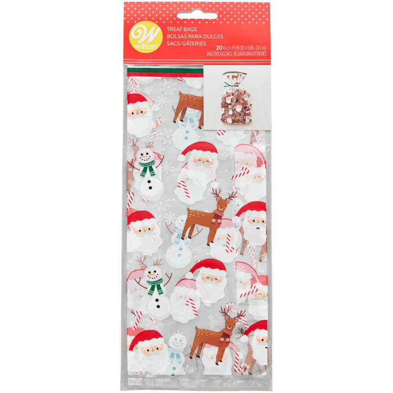 Clear Santa Claus, Reindeer and Snowman Christmas Treat Bags and Ties, 20-Count