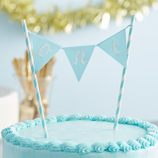 9" x 9"   Blue "One" Cake Topper Banner