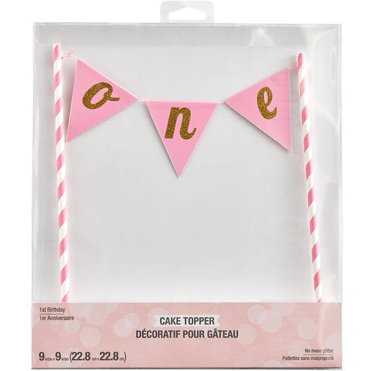 9" x 9" Pink "One" Cake Topper Banner